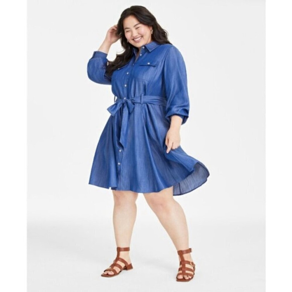 On 34th Plus Size 1X Chambray Long-Sleeve Belted Shirtdress NWT